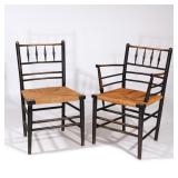 Late 19th / early 20th century, oak in black paint, comprising four armchairs and two side chairs; s