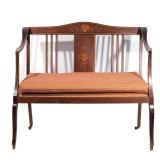 the crest rail and central splat with shell and scroll inlaid in contrasting woods and mother of pea