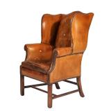 tufted leather backrest and removable seat cushion, over splayed back legs h. 48 w. 30 d. 32 in.