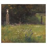 Lot 3 | THOMAS SHIELDS (AMERICAN, 1849-1920) | Garden landscape Oil on board Showing flowers in a gr
