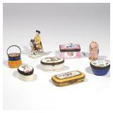Lot 128  |  (8PC) ANTIQUE PORCELAIN SNUFF BOXES & FIGURES  |  Including three Battersea Bilston boxe