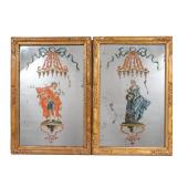 Lot 131  |  PAIR REVERSE PAINTED MIRRORS  |  Late 19th / early 20th century, painted with figures, i