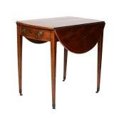 Lot 144  |  GEORGE III MAHOGANY INLAID PEMBROKE TABLE  |  Having bowed sides over single drawer, ova