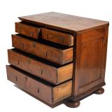inlaid decoration, having two half drawers over three graduated full-width drawers, with figural pul