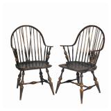 Lot 153  |  PAIR D.R. DIMES CONTINOUS ARM BRACEBACK WINDSORS  |  Early examples, with distressed gre