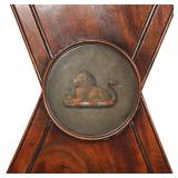 triangular hourglass backrests, each with a painted plaque, having splayed back legs and concave fro