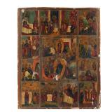 Lot 187  |  RUSSIAN ICON: RESSURECTION AND 12 GREAT FEASTS  |  19th century, Russian icon showing th