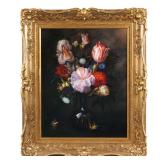 20th century, showing flowers in a glass vase, indistinctly signed lower right; in a gilt carved fra