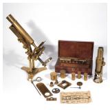 Lot 271  |  TWO ANTIQUE BRASS MICROSCOPES & ACCESSORIES  |  Including a Dollond, London double pilla