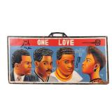 Lot 372  |  "ONE LOVE" BARBER SHOP SIGN  |  Oil on wood Folk art/ Americana, showing four coifed fig