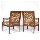 faux leopard upholstered back rests, armrests, and seat cushions, with brass tacks, the mahogany fra