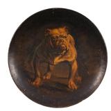 Lot 393  |  YALE BULLDOG PAINTED TIN CHARGER  |  Showing a white bulldog standing four-square dia. 2