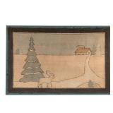 Lot 404  |  GRENFELD HOOKED MAT RUG  |  Showing a snowy landscape with a moose and pine tree; mounte