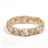 Lot 445  |  PEARL, DIAMOND & 14K GOLD FORMED LINK BRACELET  |  Having seven openwork links with stip