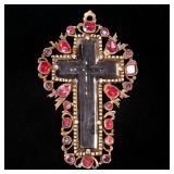 Lot 449  |  ANTIQUE GLASS & GEMSTONE CROSS PENDANT  |  Etched beveled glass cross set in a (tested t
