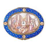 ENAMEL & SILVER AUTOMATA SNUFF BOX WITH WATCH | Oval box, c.1780/1800. The panels on cover, sides 