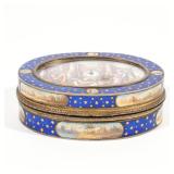 and base enamel in translucent blue on a ground of wavy scalloped reeded engine-turning creating a m