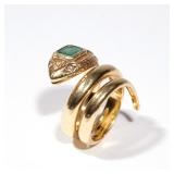 EMERALD, DIAMOND, & GOLD SERPENT RING | Designed as an 18k yellow gold coiled serpent, the rose and 