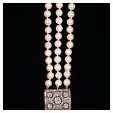 ANTIQUE DIAMOND & PEARL CHOKER NECKLACE | Designed as a triple stand pearl necklace, the antique rec