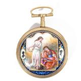 ENAMELED JEWELED PORTRAIT WATCH | Vergee fusee movement, key wind, white enamel dial, Brass case wit