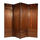 ENGLISH ARTS & CRAFTS FLOOR SCREEN | In four panels, oak with stained floral decorated panels at top