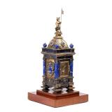 LAPIS LAZULI & SILVER MOUNTED CLOCK TOWER | In gothic style, having a domed top with a knight-form f