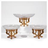 (3PC) PAIRPOINT DORE BRONZE & GLASS GARNITURE | Gilt dore bonze tripod bases decorated with busts an