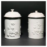 (2PC) MENNECY WHITE TOBACCO JARS, C. 1750-60 | With silver mounted covers and chinoiserie embossed d