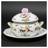 HEREND TUREEN & UNDERPLATE | Rothschild pattern, the tureen with a flower form finial (h. 8 x dia 11