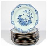 (12PC) SET BLUE & WHITE CHINESE EXPORT PLATES | Magpie on bough pattern, octagonal-shape dia. 9 in. 