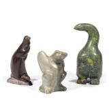 (3PC) INUIT CARVED FIGURES | Including two figures carved of green stone, one signed with initials "
