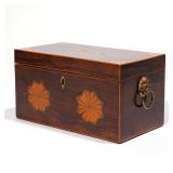 ENGLISH INLAID ROSEWOOD TEA CADDY | 19th century, with shell and fan inlay, felt lined interior, lio