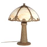 EARLY 20TH CENTURY BRONZED & SLAG GLASS TABLE LAMP | h. 22-1/2 dia. 7-1/2 in. (base) overall: 17-1/2