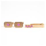 14K LUCIEN PICCARD CUFFLINKS & TIE BAR SET | Brushed finish with star sapphires on cufflinks and tie