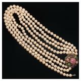 ANTIQUE FOUR STRAND PEARL NECKLACE | Having four strands of round white pearls [8.1 - 8.6mm], suspen