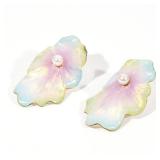 14K BRAUER MOTHER OF PEARL EARRINGS | Beautiful iridescent glass like enamel with small pearl. 1-1/2