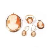 (5PC) 14K GOLD CAMEO JEWELRY | Including a cameo portrait pin / pendant with a 14k gold surround (1-