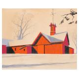 (ATTRIB) SABRA FIELD (B. 1935) | Red barn in winter Gouache on paper board No apparent signature, sh
