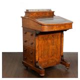 19TH C. ENGLISH WALNUT INLAID DAVENPORT | Having superstructure w.3/4 brass gallery, over slant lid 