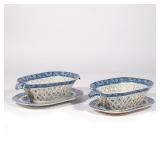 PAIR 19THC STAFFORDSHIRE OPENWORK CHESTNUT BASKETS | With blue applied scroll decorations one with m