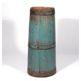 ANTIQUE BLUE PAINTED BUTTER CHURN | Tapering with metal hoops h. 20-3/4 dia. 9 in.  
