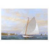 VERNON BROE (AMERICAN, 1930-2011) | Sailboats at sea. Oil on board. h. 18 w. 28 in. Signed lower rig