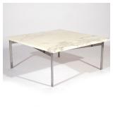 POUL KJAERHOLD MARBLE TOP COFFEE TABLE | White marble top with steel base. h. 14 w. 31-1/2 d. 31-1/2