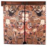 PAIR LARGE JAPANESE SILK EMBROIDERED PANELS | 20th century, a pair of mirrored scenes with various a