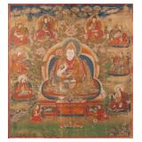 TIBETAN THANGKA, 18TH CENTURY | Seated figure with attendants. Opaque pigment on fabric. h. 28-1/4 w