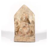BUDDHIST CARVED & POLYCHROMED STELE | Buddha flanked by two attendants, each with flame mandorla. h.