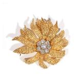 VAN CLEEF & ARPELS 18K GOLD FLOWER BROOCH | Circa 1950s, textured yellow gold, having 8 brilliant ro