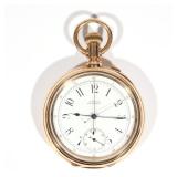 18K SPLIT CHRONOGRAPH A.W. CO. WALTHAM WATCH | Engraved monogram on back, open face with rear hinge 