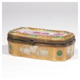 CONTINENTAL PORCELAIN LIDDED BOX | 19th century, likely Spanish or Italian, with puce pond scene on 