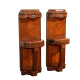 PAIR ART DECO FIGURED VENEER CONSOLES | Mid-20th century, illuminated, inlaid with various figured w